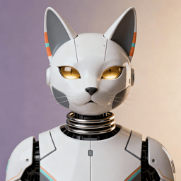 AI-generated portrait of a feline-inspired android with smooth contours and glowing eyes, posed facing forward against a lavender gradient background in diffused light.