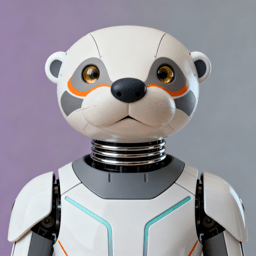 AI-generated portrait of a bear-inspired android with rounded ears and glowing amber eyes, featuring smooth armored plating, posed facing forward against a muted purple gradient background in diffused light.