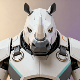 AI-generated portrait of a rhinoceros-inspired android with angular armor and a central horn, featuring metallic plating, posed facing forward against a warm gradient background in directional light.