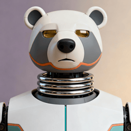 AI-generated portrait of a bear-inspired android with reinforced armor and glowing amber eyes, posed facing forward against a neutral gradient background in diffused light.