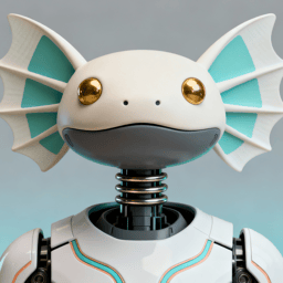AI-generated portrait of an axolotl-inspired android with rounded head and fin-like side structures, featuring golden eyes and smooth plating, posed facing forward against a cool gradient background in diffused light.