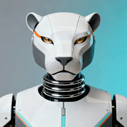 AI-generated portrait of a big-cat-inspired android with angular facial plating and glowing amber eyes, posed facing forward against a teal gradient background in directional light.
