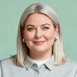 AI-generated portrait of a middle-aged woman with straight shoulder-length hair and stud earrings, wearing a structured button-up top, posed with a subtle smile against a pale green background in cool diffused lighting.