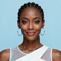 AI-generated portrait of a young woman with braided hair pulled back and hoop earrings, wearing a sleeveless structured top, posed with a calm expression against a light blue background in even cool lighting.