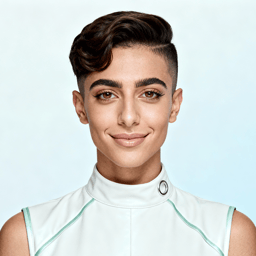 AI-generated portrait of a young woman with short sculpted hair and defined brows, wearing a high-collar sleeveless top, posed with a neutral expression against a pale blue background in cool diffused lighting.