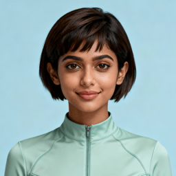 AI-generated portrait of a young woman with a short bob haircut and soft features, wearing a zip-front high-collar top, posed with a calm expression against a light blue background in even cool lighting.