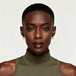 AI-generated portrait of a young woman with a shaved head and defined cheekbones, wearing a sleeveless high-neck top, posed with a neutral expression against an off-white background in soft cool lighting.