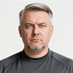 AI-generated portrait of a middle-aged man with neatly combed short hair and trimmed facial hair, wearing a minimalist crew-neck top, posed with a serious expression against an off-white background in cool diffused lighting.