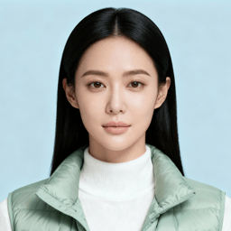 AI-generated portrait of a young woman with long straight hair and smooth features, wearing a padded vest over a high-neck top, posed with a neutral expression against a pale blue background in even cool lighting.