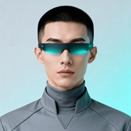 AI-generated portrait of a young man wearing a reflective visor and structured high-collar outfit, posed with a neutral expression against a pale teal background in clean lighting.