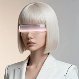 AI-generated portrait of a young woman with a sharp bob haircut wearing a glowing horizontal visor, posed with a calm expression against a warm neutral background in balanced lighting.
