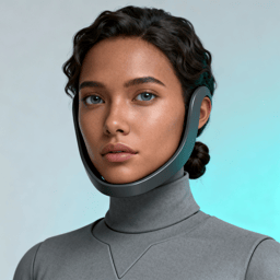 AI-generated portrait of a young woman wearing a curved neck-mounted device and minimalist attire, posed with a gentle expression against a teal background in soft lighting.