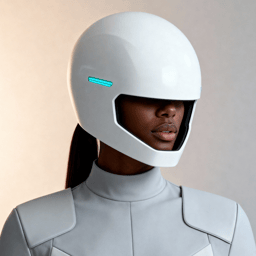 AI-generated portrait of a young woman wearing a white enclosed helmet with minimal glowing details, posed with a neutral expression against a warm neutral background in clean lighting.