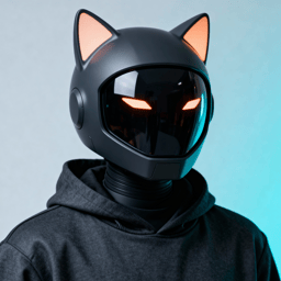 AI-generated portrait of a person wearing a dark glossy helmet with cat-ear shapes and glowing eye slits, posed with a calm expression against a cool teal background in balanced lighting.