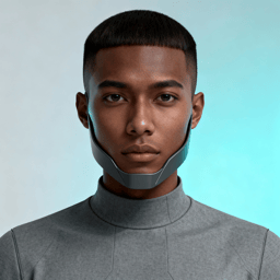 AI-generated portrait of a young man with a close-cropped haircut wearing a curved jaw-mounted device, posed with a neutral expression against a pale teal background in balanced lighting.