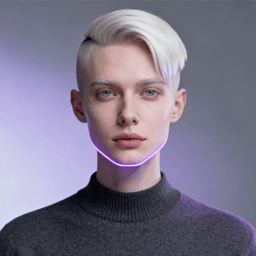 AI-generated portrait of a young person with an asymmetrical short haircut, wearing a high-neck top and a subtle glowing neck interface, posed with a calm expression against a cool gray background in balanced lighting.