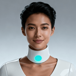 AI-generated portrait of a young woman with short styled hair, wearing a smooth white collar interface with a glowing center, posed with a gentle smile against a pale blue background in balanced lighting.
