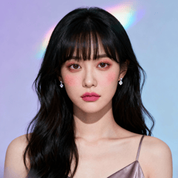AI-generated portrait of a young woman with long dark hair and straight bangs, wearing a thin-strap top and earrings, posed with a neutral expression against a soft lavender gradient background in diffused light.