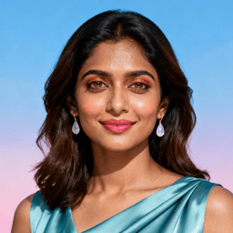 AI-generated portrait of a young woman with shoulder-length wavy hair and luminous makeup, wearing a draped satin top and earrings, posed with a gentle smile against a blue-to-pink gradient background in soft light.