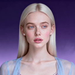 AI-generated portrait of a young woman with long light hair and pale makeup, wearing a sheer layered top, posed with a neutral expression against a deep purple background in diffused light.
