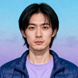 AI-generated portrait of a young man with straight dark hair and light facial hair, wearing a padded jacket and crewneck shirt, posed with a neutral expression against a blue-lavender gradient background in diffused light.