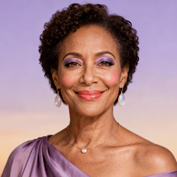 AI-generated portrait of a middle-aged woman with short curly hair, wearing a draped top and earrings, posed with a gentle smile against a soft lavender-gold gradient background in diffused light.