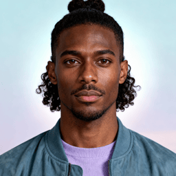 AI-generated portrait of a young man with curly hair tied back and faint facial hair, wearing a jacket over a knit top, posed with a neutral expression against a pale blue gradient background in diffused light.