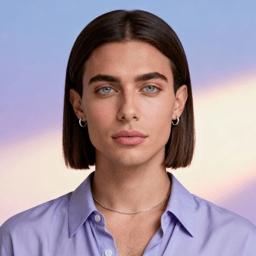 AI-generated portrait of a young woman with straight bobbed hair and minimal makeup, wearing a button-up shirt, posed with a neutral expression against a lavender-peach gradient background in diffused light.