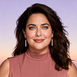 AI-generated portrait of a middle-aged woman with wavy hair and soft makeup, wearing a sleeveless top and long earrings, posed with a calm smile against a peach-lavender gradient background in diffused light.