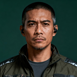 AI-generated portrait of a middle-aged man with close-cropped hair and subtle stubble, wearing a tactical jacket and in-ear device, posed with a serious expression against a dark green background in high-contrast lighting.