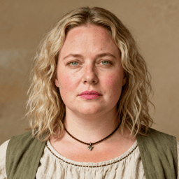 AI-generated portrait of a middle-aged woman with wavy shoulder-length hair and light freckles, wearing layered utilitarian clothing, posed with a neutral serious expression against a warm beige background in soft directional lighting.