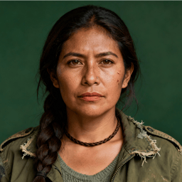 AI-generated portrait of a middle-aged woman with a long side braid and textured skin, wearing a distressed utility jacket, posed with a guarded expression against a deep green background in high-contrast lighting.