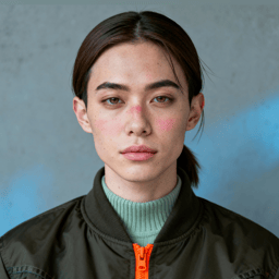 AI-generated portrait of a young woman with dark hair pulled back and defined brows, wearing a high-collar jacket over a ribbed top, posed with a serious expression against a gray-blue background in cool diffused lighting.