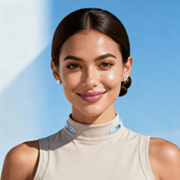AI-generated portrait of a young woman with neatly pulled-back dark hair, wearing a light beige sleeveless top, posed with a gentle smile against a sky-blue background in soft natural light.
