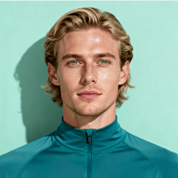 AI-generated portrait of a young man with wavy blond hair and freckles, wearing a teal zip-up top, posed with a relaxed expression against a mint-green background in soft natural light.