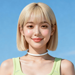 AI-generated portrait of a young woman with a straight blond bob, wearing a light green sleeveless top and choker, posed with a soft smile against a blue sky background in soft natural light.