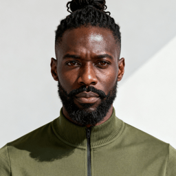 AI-generated portrait of a middle-aged man with a full beard and hair tied back, wearing an olive green zip-up top, posed with a serious expression against a light neutral background in soft natural light.