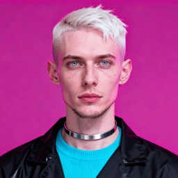 AI-generated portrait of a young man with cropped platinum hair and freckles, wearing a dark jacket and metallic choker, posed with a neutral expression against a hot pink background in harsh lighting.