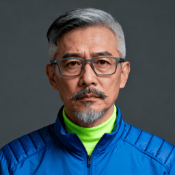 AI-generated portrait of a middle-aged man with salt-and-pepper hair and glasses, wearing a technical jacket, posed with a serious expression against a dark gray background in harsh lighting.