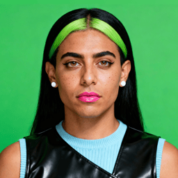 AI-generated portrait of a young woman with long dark hair and neon green highlights, wearing a sleeveless top, posed with a steady expression against a bright green background in harsh lighting.