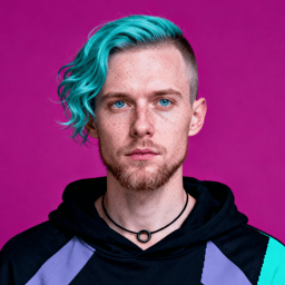 AI-generated portrait of a young man with wavy dyed hair and freckles, wearing a layered hoodie, posed with a guarded expression against a magenta background in harsh lighting.