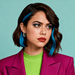 AI-generated portrait of a young woman with wavy shoulder-length hair and blue streaks, wearing a bright blazer and knit top, posed with a focused expression against a teal background in harsh lighting.