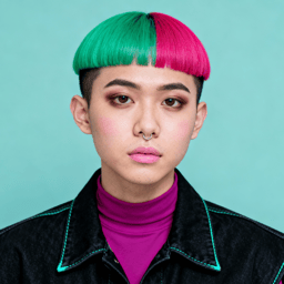 AI-generated portrait of a young person with a two-tone green and pink bowl cut and septum piercing, wearing a dark jacket and high-neck top, posed with a neutral expression against a teal background in harsh lighting.