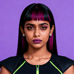 AI-generated portrait of a young woman with long straight hair and magenta bangs, wearing a structured top, posed with a serious expression against a purple background in harsh lighting.