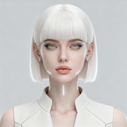 AI-generated portrait of a young woman with a straight platinum bob and smooth skin, wearing a minimalist white high-neck top, posed with a neutral expression against a light gray background in balanced lighting.