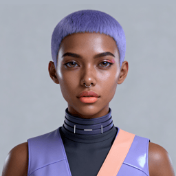 AI-generated portrait of a young woman with very short lavender hair and smooth skin, wearing a futuristic sleeveless top with a high collar, posed with a calm expression against a soft gray background in balanced lighting.