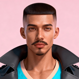 AI-generated portrait of a young man with short styled hair and a trimmed mustache, wearing a structured futuristic coat, posed with a neutral expression against a soft peach background in balanced lighting.