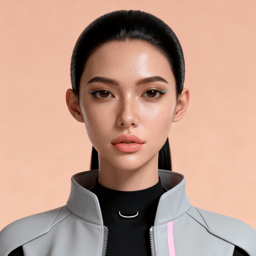 AI-generated portrait of a young woman with slicked-back dark hair and smooth skin, wearing a minimalist gray futuristic jacket, posed with a neutral expression against a warm beige background in balanced lighting.