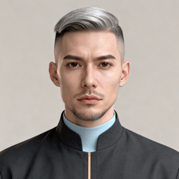 AI-generated portrait of a young man with short silver-toned hair and trimmed facial hair, wearing a minimalist dark high-collar jacket, posed with a neutral expression against a soft beige background in balanced lighting.