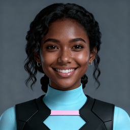 AI-generated portrait of a young woman with softly curled hair pulled back, wearing a light blue futuristic high-neck top and dark vest, posed with a smiling expression against a cool gray background in balanced lighting.